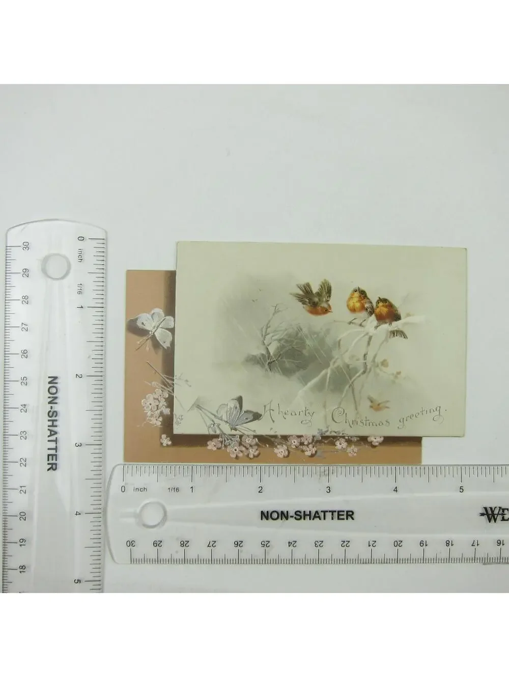 Victorian Christmas Card Birds on White Tree Branch Butterfly Flowers Antique